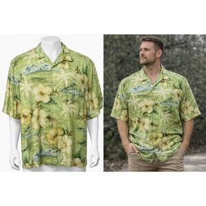 Tommy Bahama Shirt Mens L Green Yellow Silk Hawaiian Aloha Floral Button Front